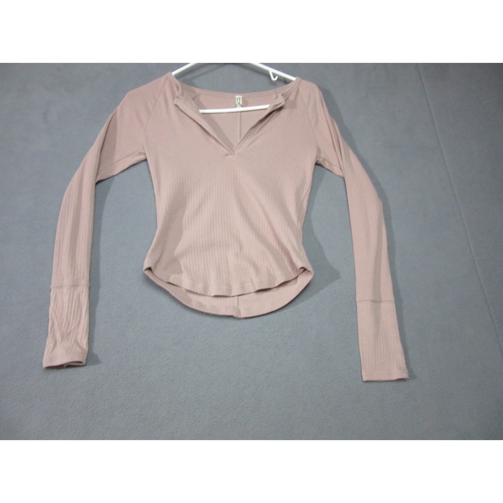 Free People Intimately Top Womens Small Pink Ribbed V-Neck Long Sleeve